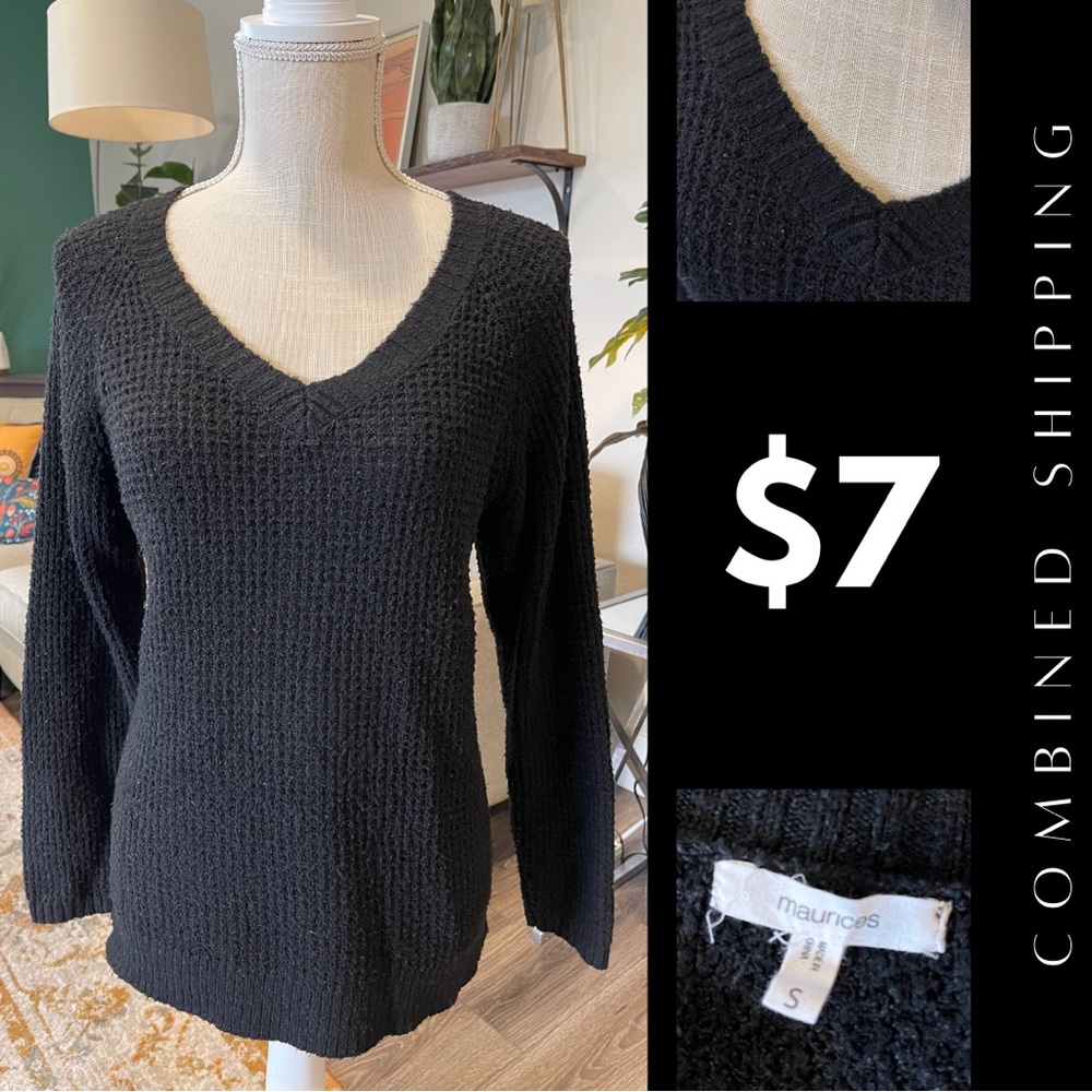 Black, light weight knit v-neck sweater, looks great off the shoulder.